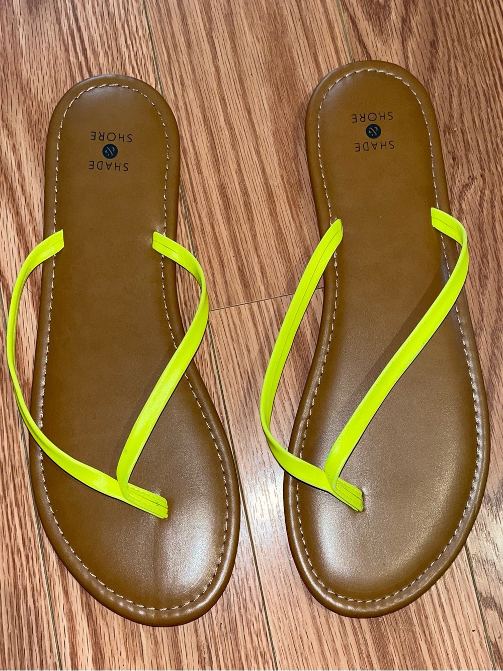 Shade & Shore Leather Neon Yellow Strap Brown Footbed Women's Slide Sandals 10